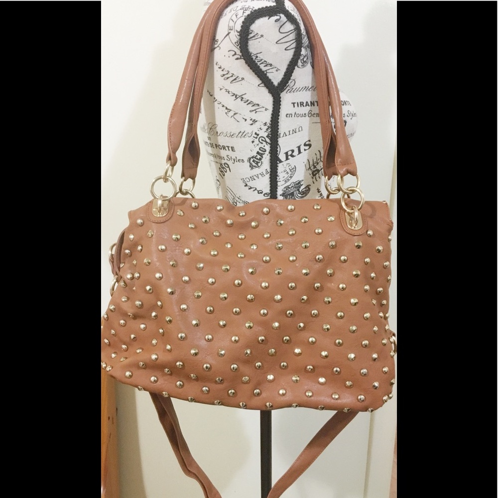Metal dotted camel colored purse